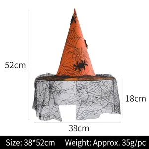 Halloween Hexenhut in Orange mit Spinnennetz-Muster und schwarzem Schleier aus Netz