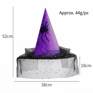 Detaillierte Maße für lila Halloween Hexenhut mit schwarzem Spitzenschleier