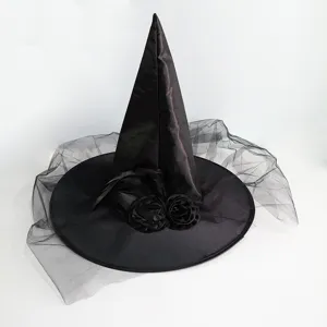 Halloween Witch Hat For Women Children Rose Mesh Decoration Satin Pointed Hat For Party Cosplay Masquerade Costume Accessory