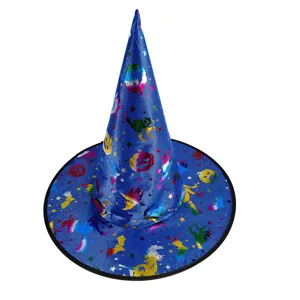Blaue Halloween-Hexenhut mit glänzenden bunten Metallic-Kürbis- und Sterndrucken
