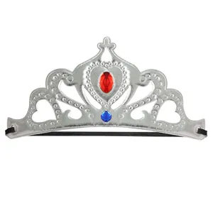 Corona de princesa de tela plateada con gemas rojas y azules para fiestas de cumpleaños