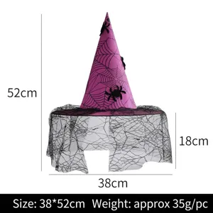 Violetter Halloween Hexenhut mit schwarzem Spinnennetzmuster und Schleier für Party Dekorationen