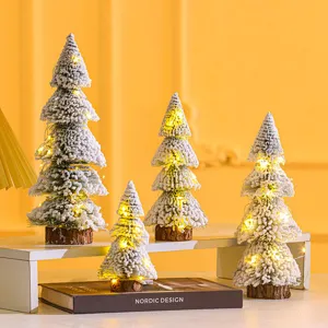 Tower Shape Flocked Cedar Christmas Tree Tabletop Decoration With Wooden Base Mini Frosted Pine Tree For Festive Holiday Ornament