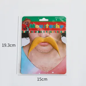 Abmessungen des gelben künstlichen Schnurrbart-Kostümzubehörs in der Verpackung (15x19,3 cm)