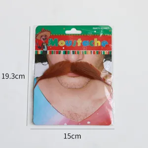 Detailansicht eines braunen Kostümschnurrbarts in der 19,3x15cm großen Packung