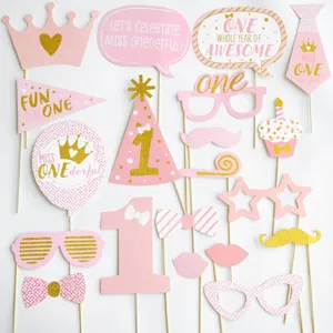 Rosa und goldene Fotorequisiten-Set zum 1. Geburtstag für Mädchen Babyparty-Dekorationen