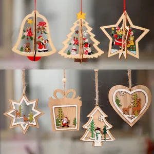 Adorno de Navidad de Madera Nórdica Corte Láser Hueco 3D Árbol Estrella Campana Ciervo Papá Noel Decoración para Hogar