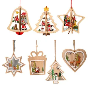 Juego de adornos navideños de madera cortada con láser con diseños de Papá Noel y renos
