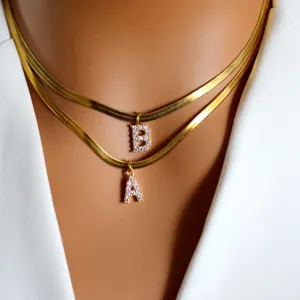 Minimalist Stainless Steel Flat Snake Chain Necklace With Rhinestone Letter Pendant Gold Fashion Jewelry For Women
