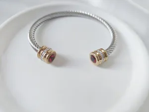 Nahaufnahme des Edelstahl-Kabelarmbands mit goldfarbenen Enden und rotem Schmuckstein.