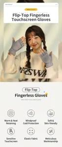 Detailed close up view of women winter warm half finger flip touch screen knitted gloves.