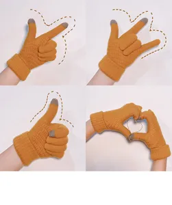 Winter warm knitted touch screen gloves detail, ginger yellow texture for cold weather.