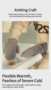 Knitted half-finger warm gloves detail view, featuring soft wool fabric and flexible flip design.