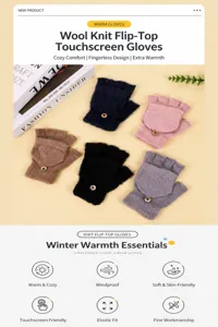 Nahaufnahme von Strick-Fingerlosen Touchscreen-Handschuhen mit flauschiger Textur und Klappdeckel.