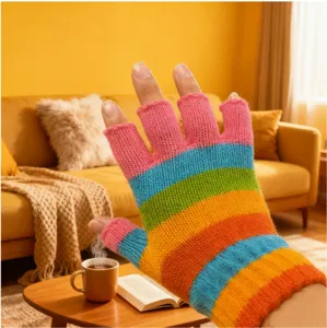 Detailed shot of winter warm knit rainbow striped fingerless gloves, cozy living room background.