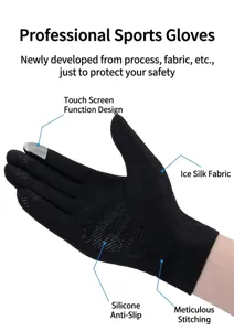 Vue detaillee de gants de cyclisme sportifs noirs avec fonction tactile sur les doigts.