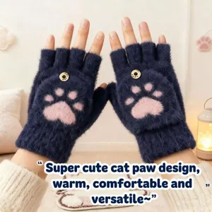 Cute cat paw knit winter gloves detail view, half-finger convertible plush warm design.