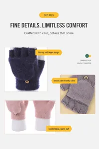 Nahaufnahme der Damen Strick-Fingerlosen Handschuhe mit Klappe, weichem Stoff und Bündchen.