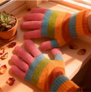 Detailed view of cozy winter warm knitted gloves with vibrant rainbow stripes for couples.