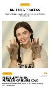 Winter cute cartoon reindeer plush flip fingerless gloves for women students warm half-finger
