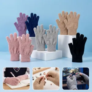 Detailed view of winter warm fingerless gloves showing texture, writing and gaming scenes.