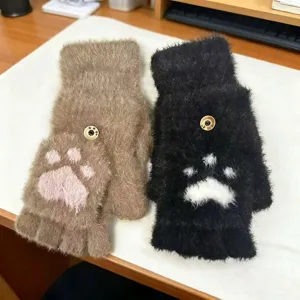 Winter warm half-finger flip knit gloves with cute cat paw design for men and students.