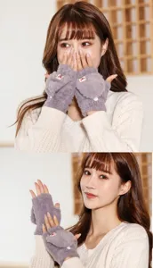 Convertible half-finger plush knit gloves for winter warmth, soft and cozy fleece material.