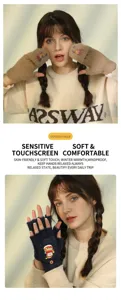 Winter cute cartoon plush fleece convertible fingerless gloves for women warm typing mittens