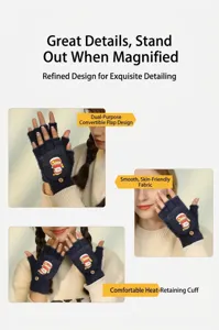 Winter cute cartoon plush warm flip half finger gloves for women daily wear and outdoor.