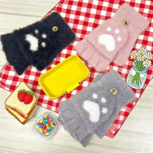 Winter plush half-finger flip gloves cute cat claw design soft thick warm knitted mittens for women