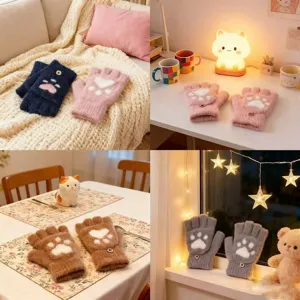 Plush half-finger winter warm gloves with cute cat paw design, soft and cozy detail view.