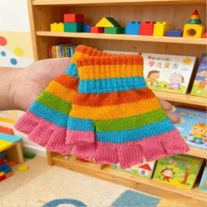 Close-up of colorful striped knit fingerless gloves, warm winter accessory detail view.