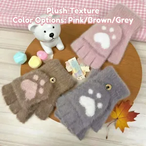 Plush half-finger winter knit gloves with cute cat paw print, flip-top design and button.