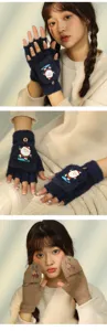 Winter cute cartoon plush warm flip cover fingerless gloves for women students writing cold