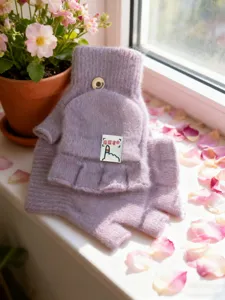 Warm winter half-finger convertible fleece gloves, cute student typing design in purple color.