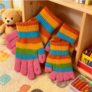 Winter warm thick knit rainbow striped gloves for men and women, cute touch screen gloves.