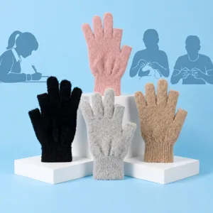 Women winter imitation mink fleece knit half finger gloves warm solid color student style