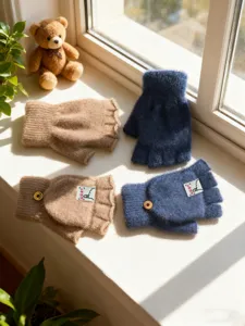 Cozy half-finger convertible plush gloves detail showing thick warm knit material and buttons.