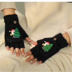 Cute Christmas Cartoon Plush Warm Flip Cover Fingerless Gloves For Women Winter Thermal Half Finger Writing Gloves