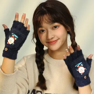 Cute winter cartoon Santa plush fingerless warm gloves for women students daily wear.