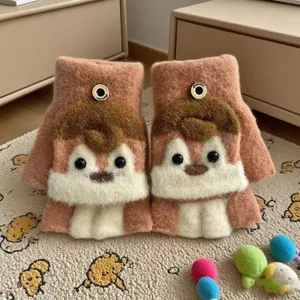 Kids Winter Warm Knit Gloves Cute Cartoon Penguin Flip Top Five Finger Mittens Children Fleece Thermal Gloves