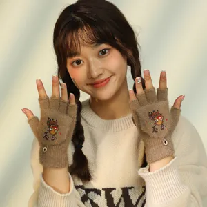 Winter cute cartoon plush warm flip fingerless gloves for women students writing