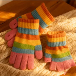 Winter warm thickened knit rainbow striped gloves for couples, cute touch screen styles.