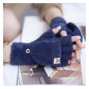 Warm winter knit convertible half-finger gloves with fuzzy plush texture for women daily wear