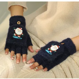 Winter cute plush fingerless gloves with santa claus design, cozy half-finger warm gear.
