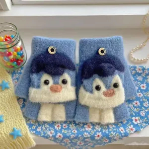 Kids winter warm knit fingerless gloves cute cartoon penguin design for boys and girls new