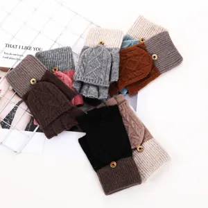 Women Winter Warm Knit Gloves Half Finger Flip Cover Cute Open Finger Wool Yarn Gloves