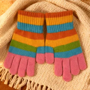 Cozy winter rainbow striped knit gloves for men and women, warm and stylish daily wear.