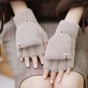 Cozy plush half-finger convertible gloves for women, warm winter knit mittens with cute deer tag.