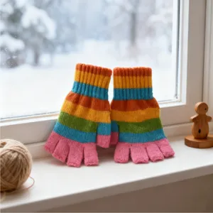 Colorful striped knit fingerless winter gloves for cozy outdoor wear and warm daily styling.
